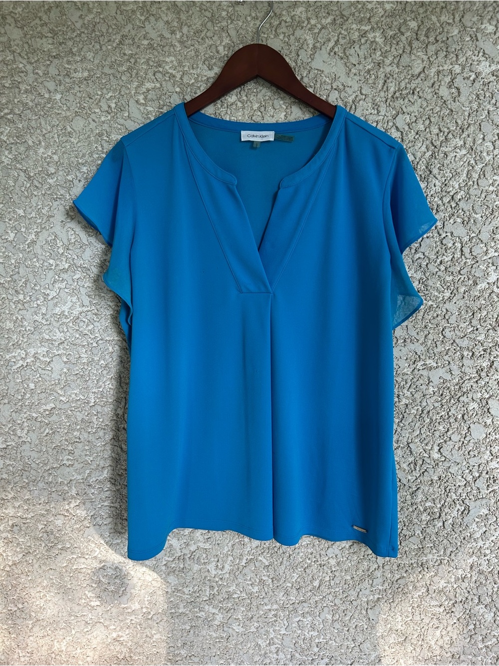 Calvin Klein Teal-Blue Split V-Neck Short Sleeve Blouse
